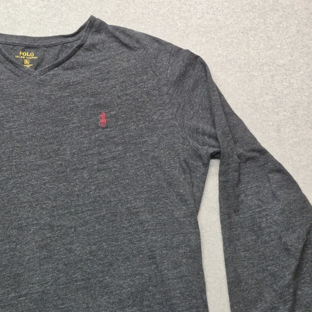 Polo Ralph Lauren Shirt Mens XL Charcoal Gray Cotton V-Neck Long Sleeve EUC
